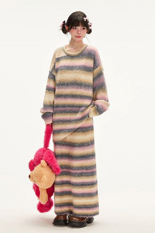 Gradient Stripe Knit Skirt Set