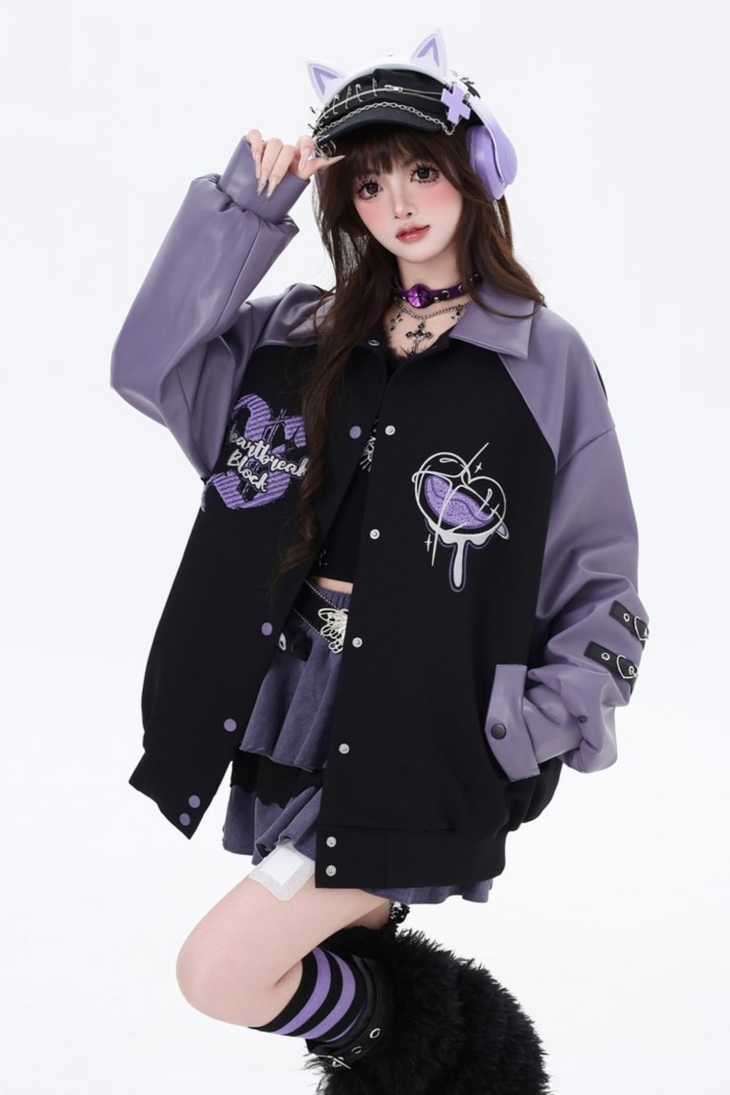 Black Purple Embroidery Baseball Coat