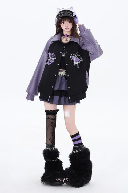 Black Purple Embroidery Baseball Coat