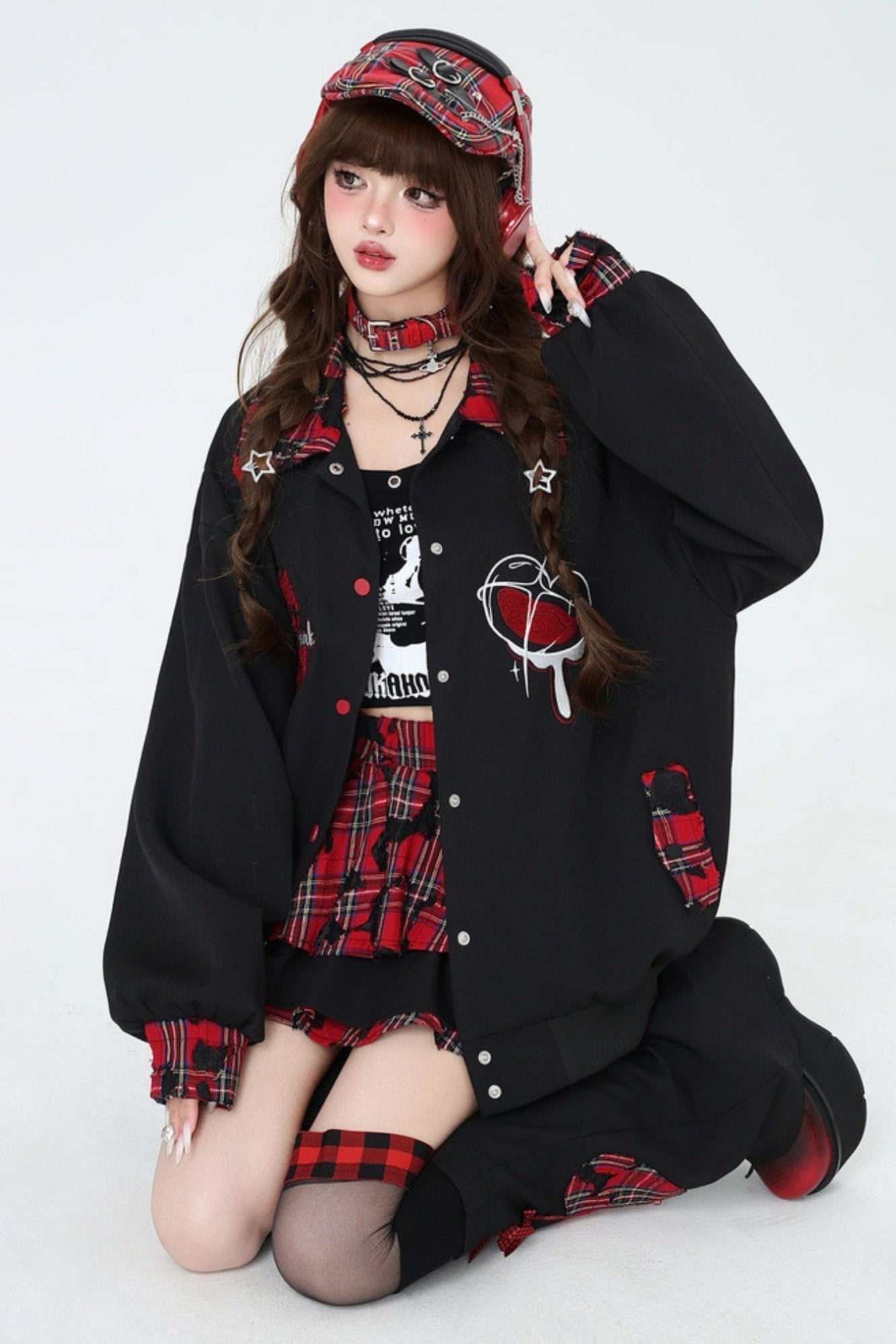 Black Purple Embroidery Baseball Coat