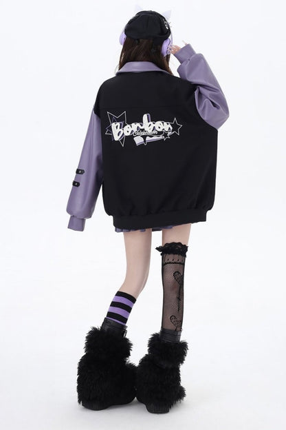 Black Purple Embroidery Baseball Coat