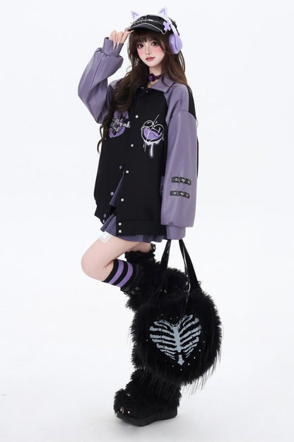 Black Purple Embroidery Baseball Coat