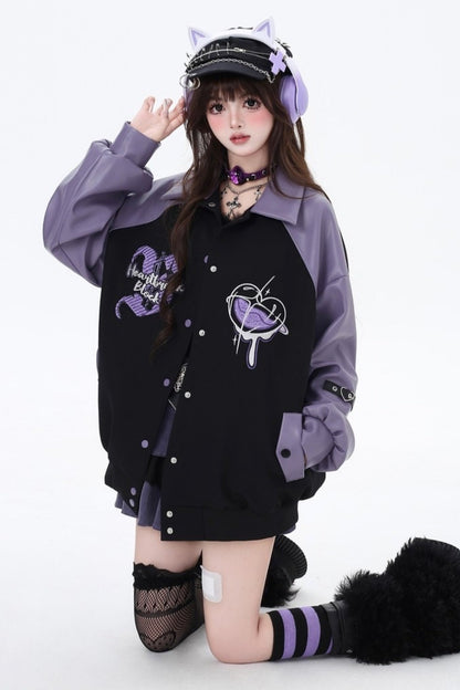 Black Purple Embroidery Baseball Coat