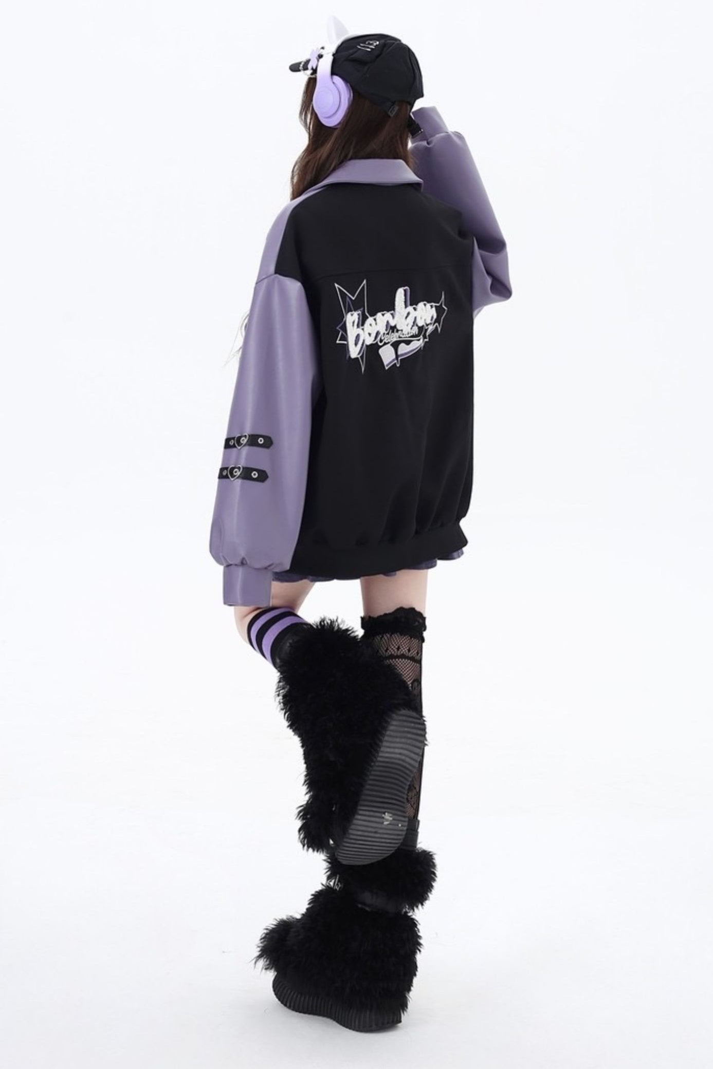 Black Purple Embroidery Baseball Coat