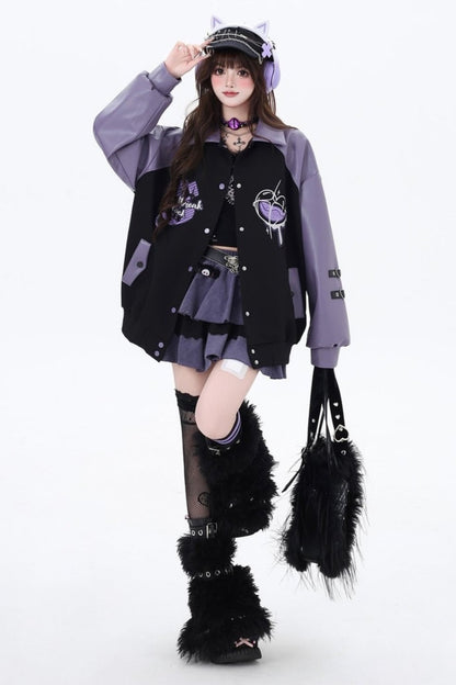 Black Purple Embroidery Baseball Coat