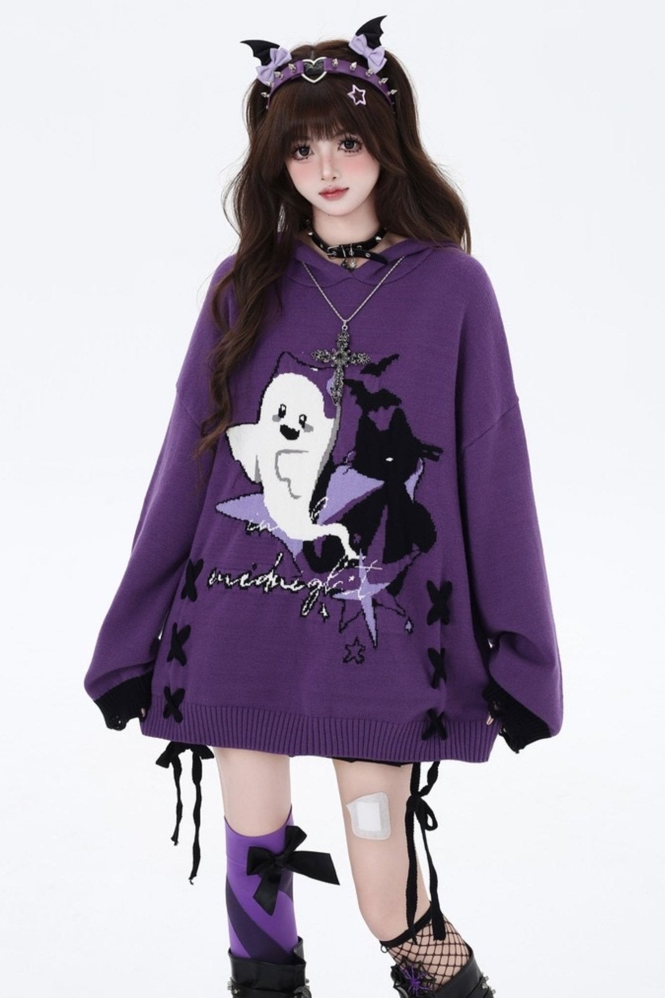 Black purple strap loose sweater