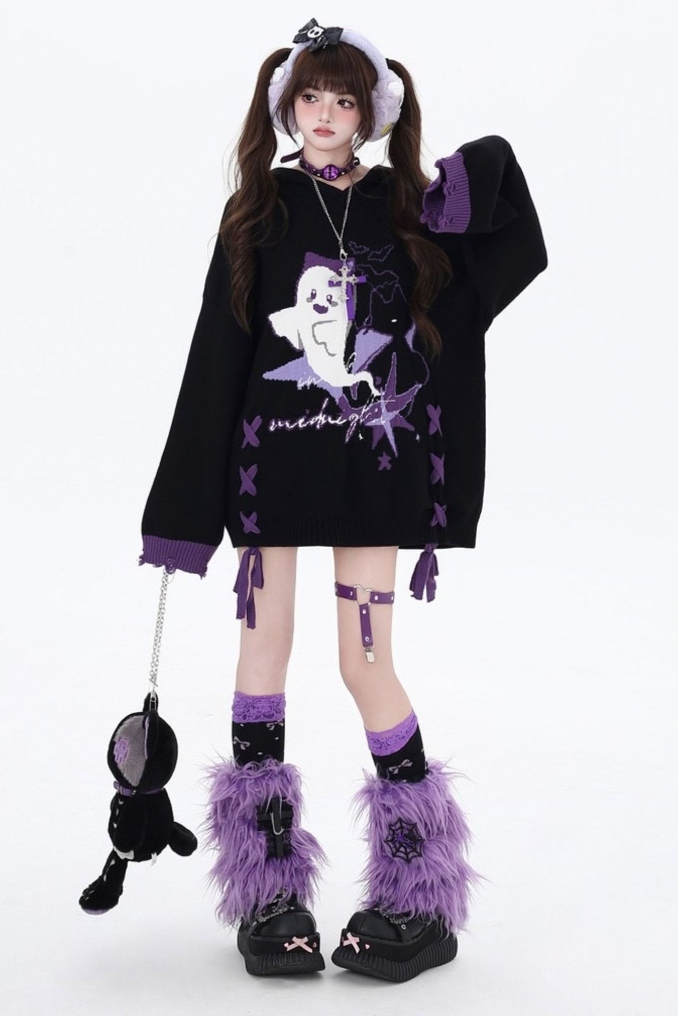 Black purple strap loose sweater