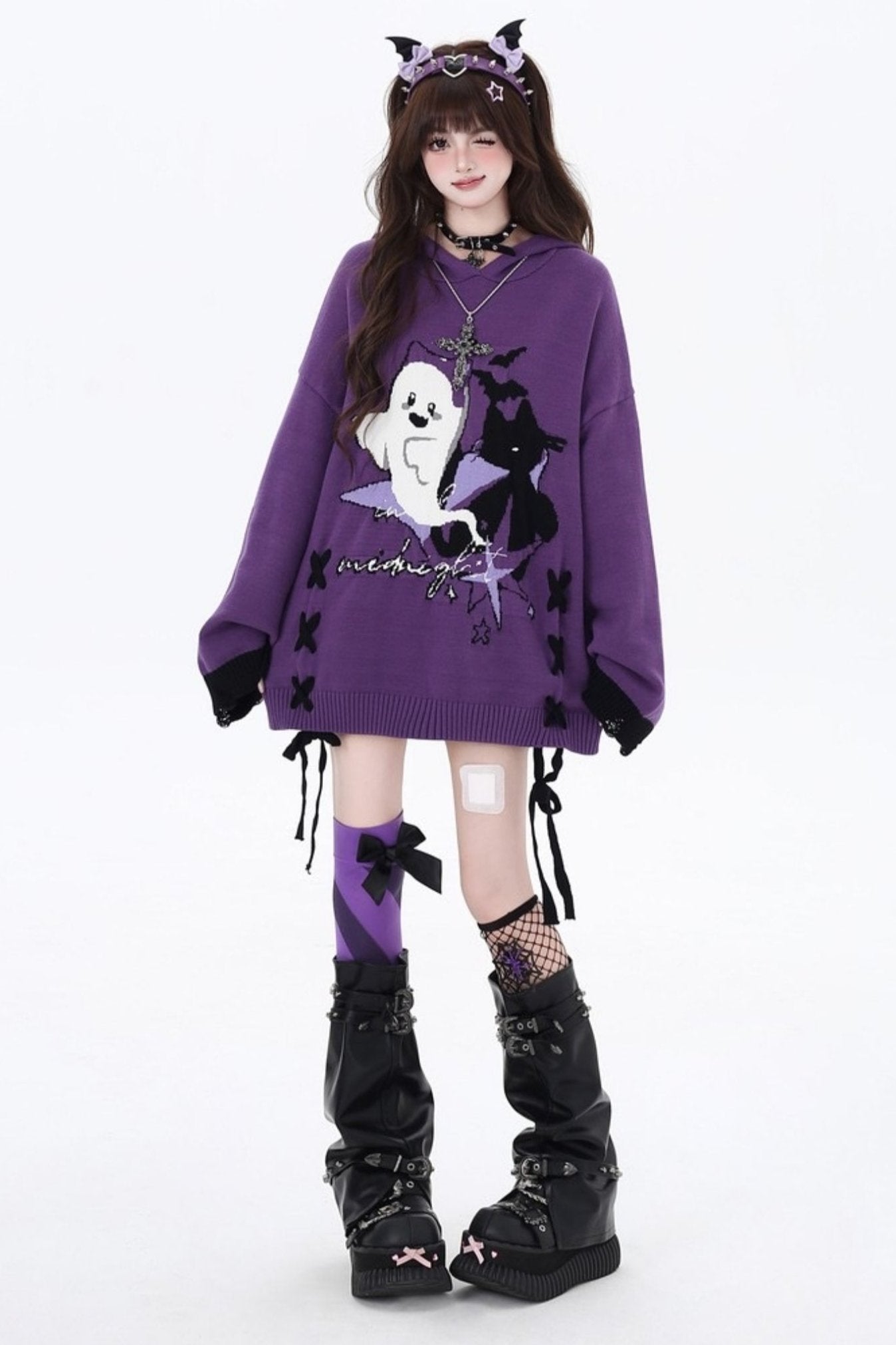 Black purple strap loose sweater