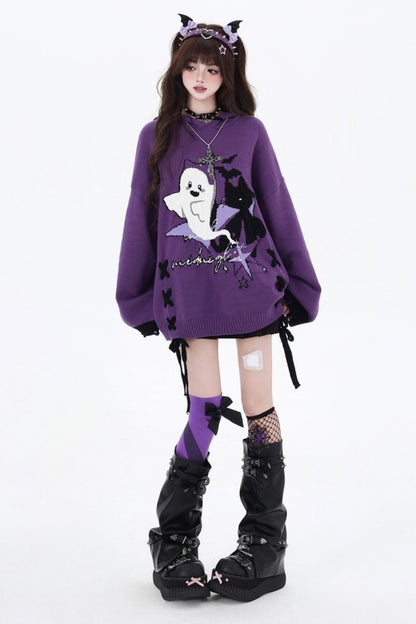 Black purple strap loose sweater