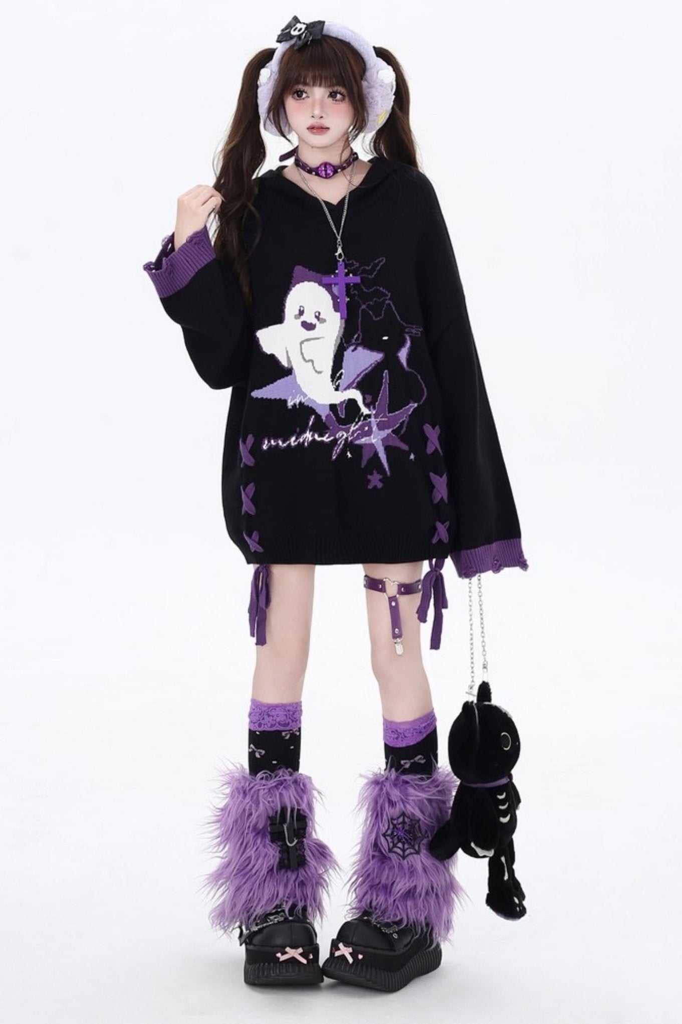 Black purple strap loose sweater