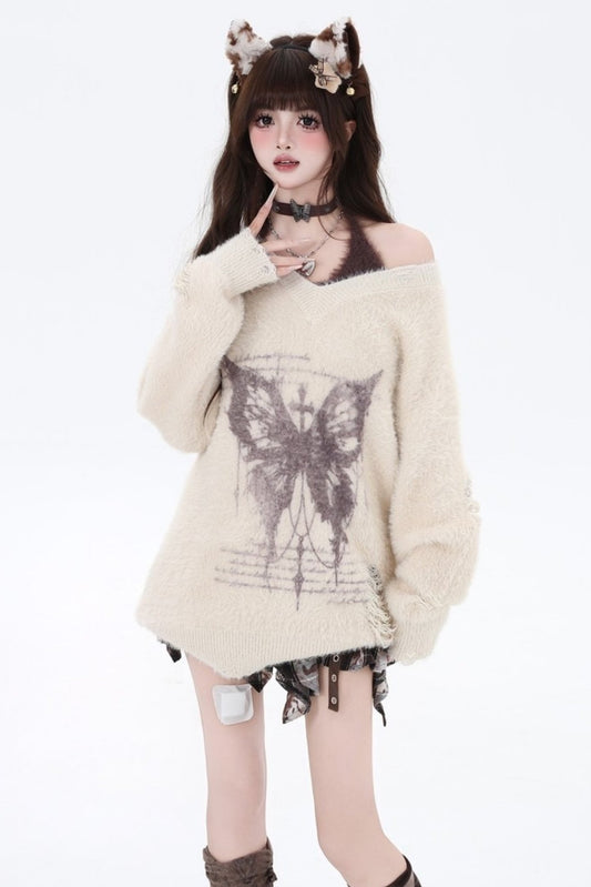 バタフライホルターネックツーピーススウェーター