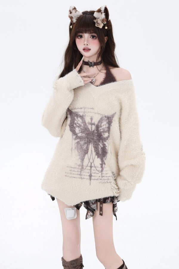 バタフライホルターネックツーピーススウェーター