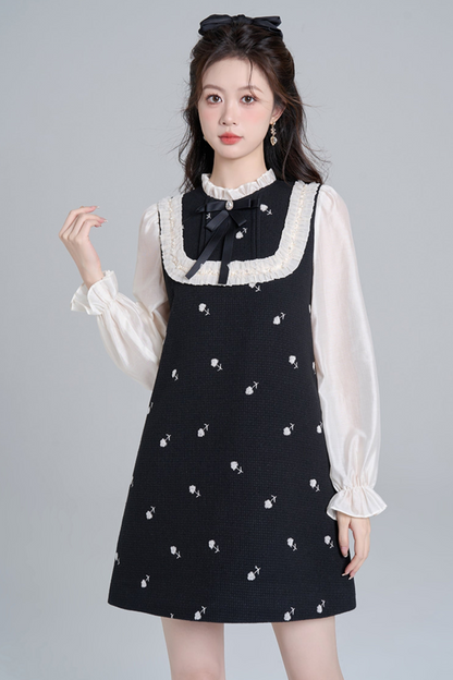 Black Stand Color Fake Two Piece Dou Dress