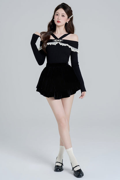 One shoulder black knit sweater