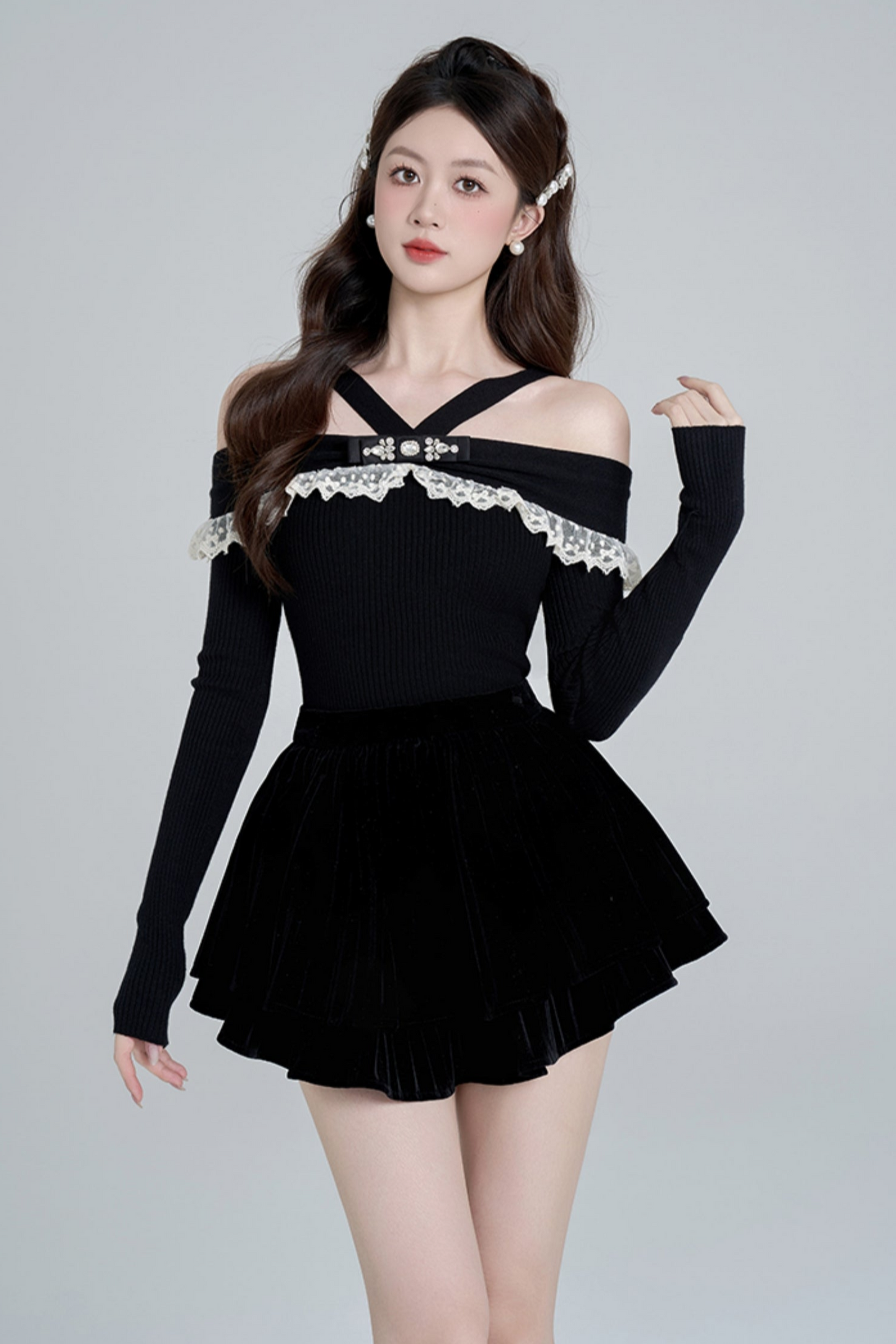 One shoulder black knit sweater