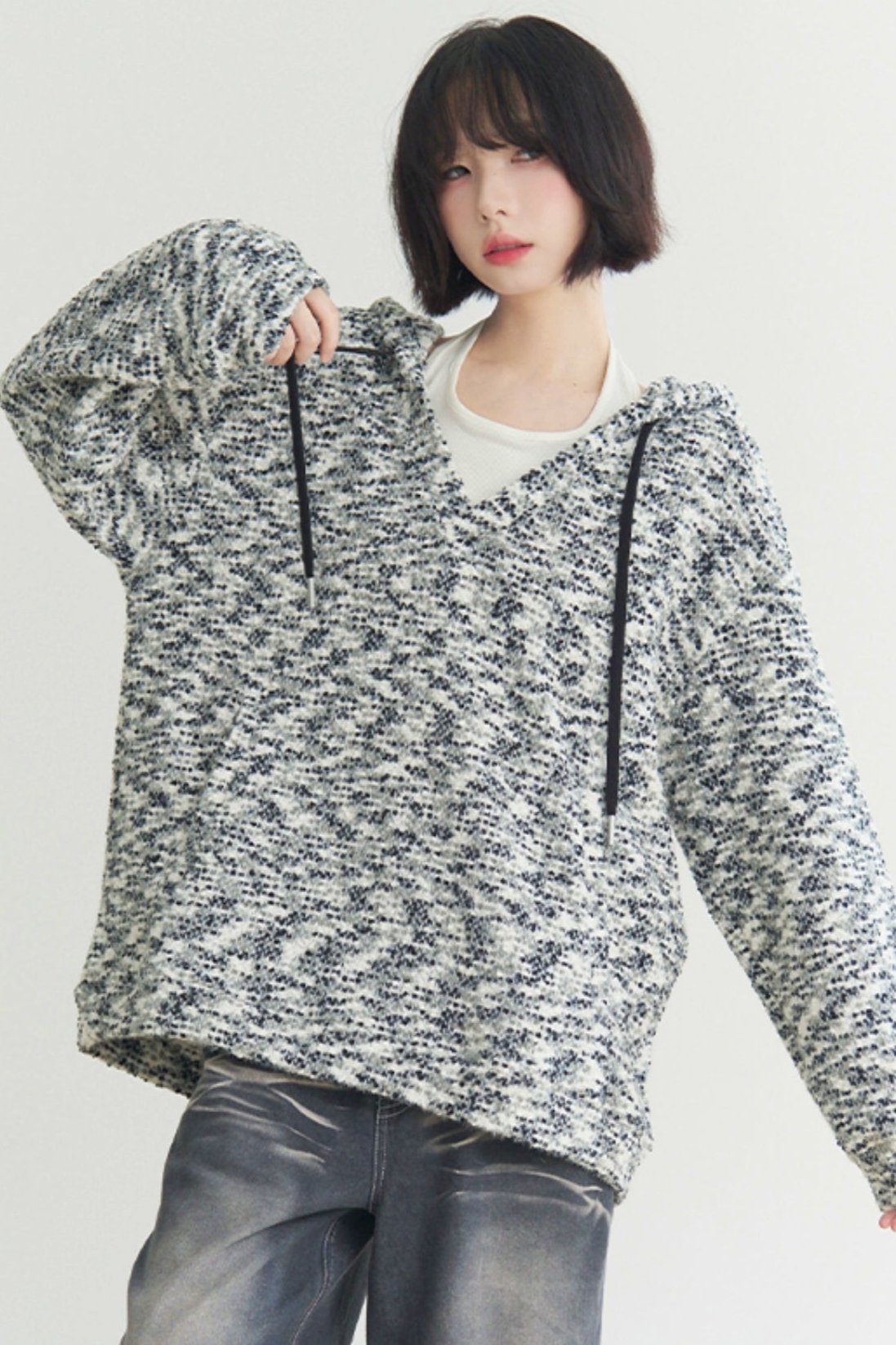 V neck knit hoodlose tops