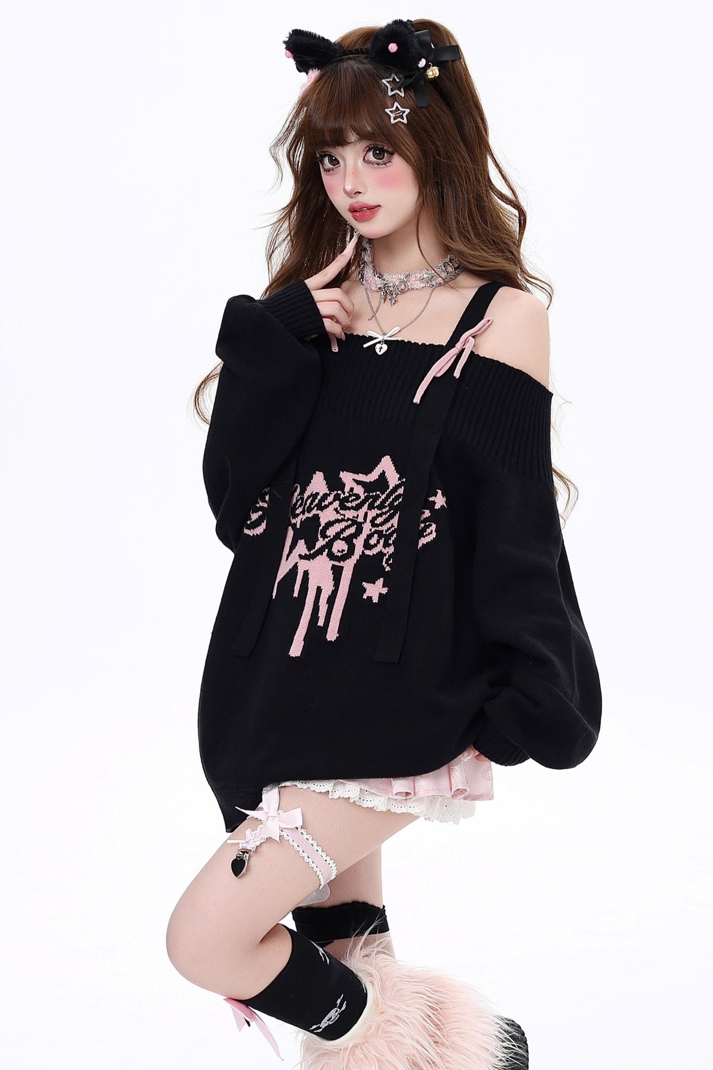 Loose Fit Ribbon Shoulder Sweater