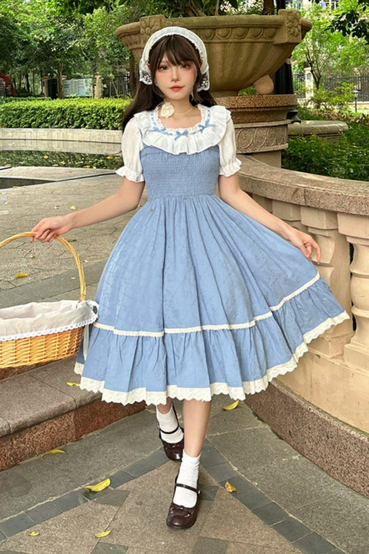 Lace Stitching Blue Strap Skirt Set-Up