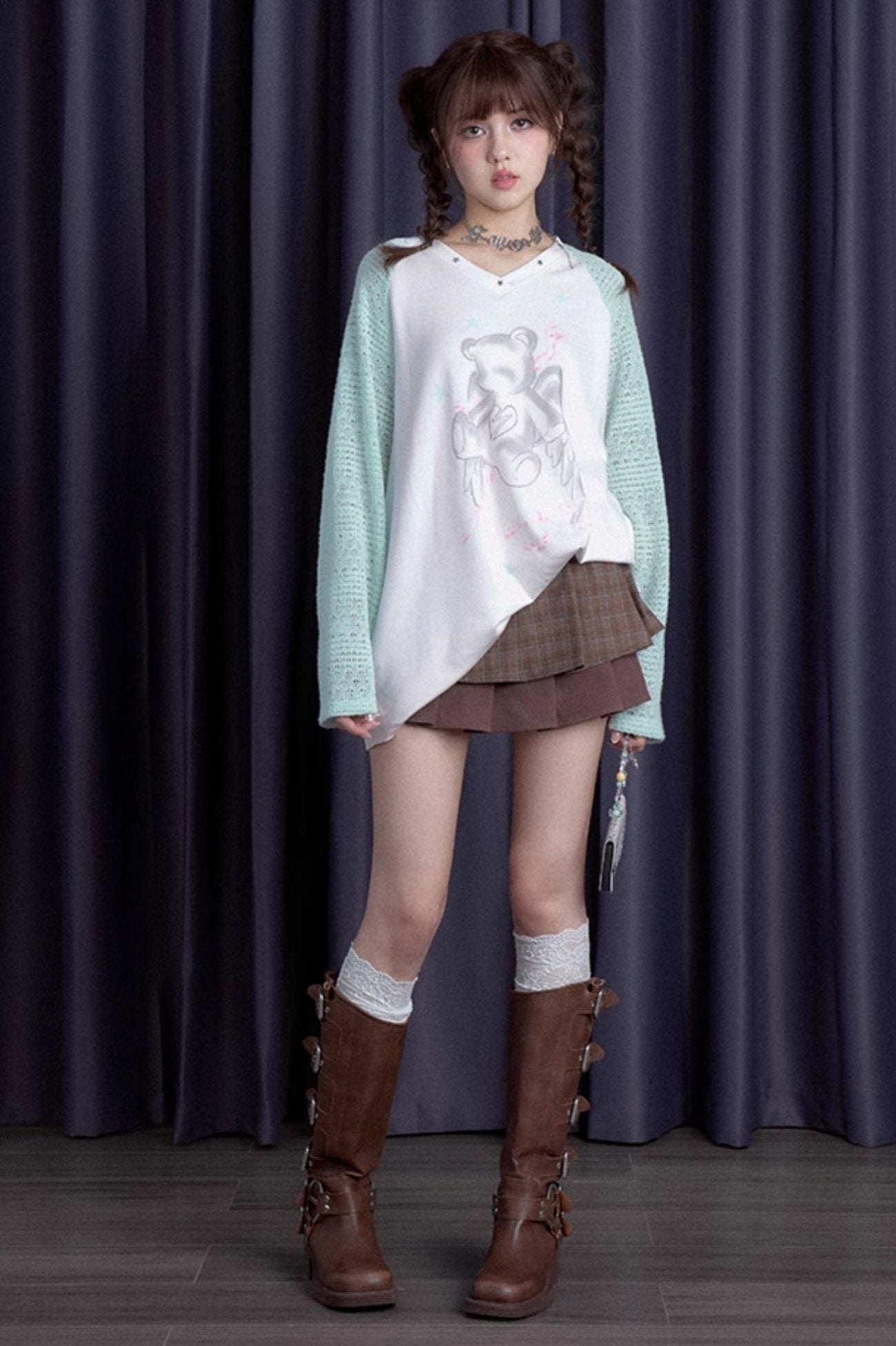 Mint Green Bear Print Raglan Neck Top