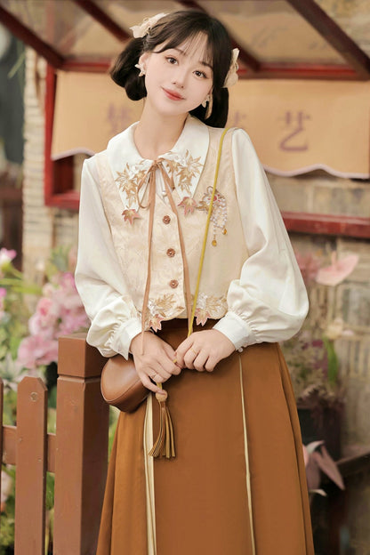 Retro Autumn Chinese Best+Shirt+Skirt