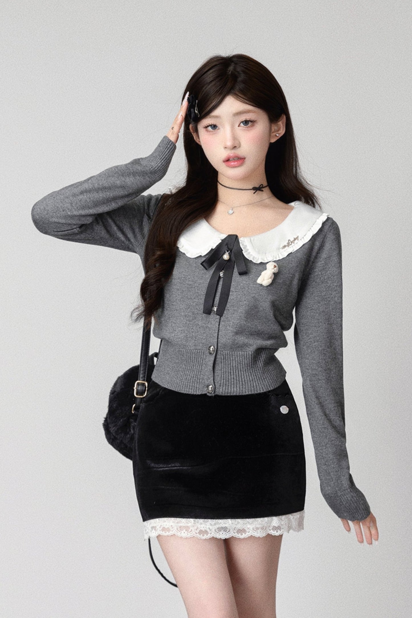 Doll neck knit cardigun set