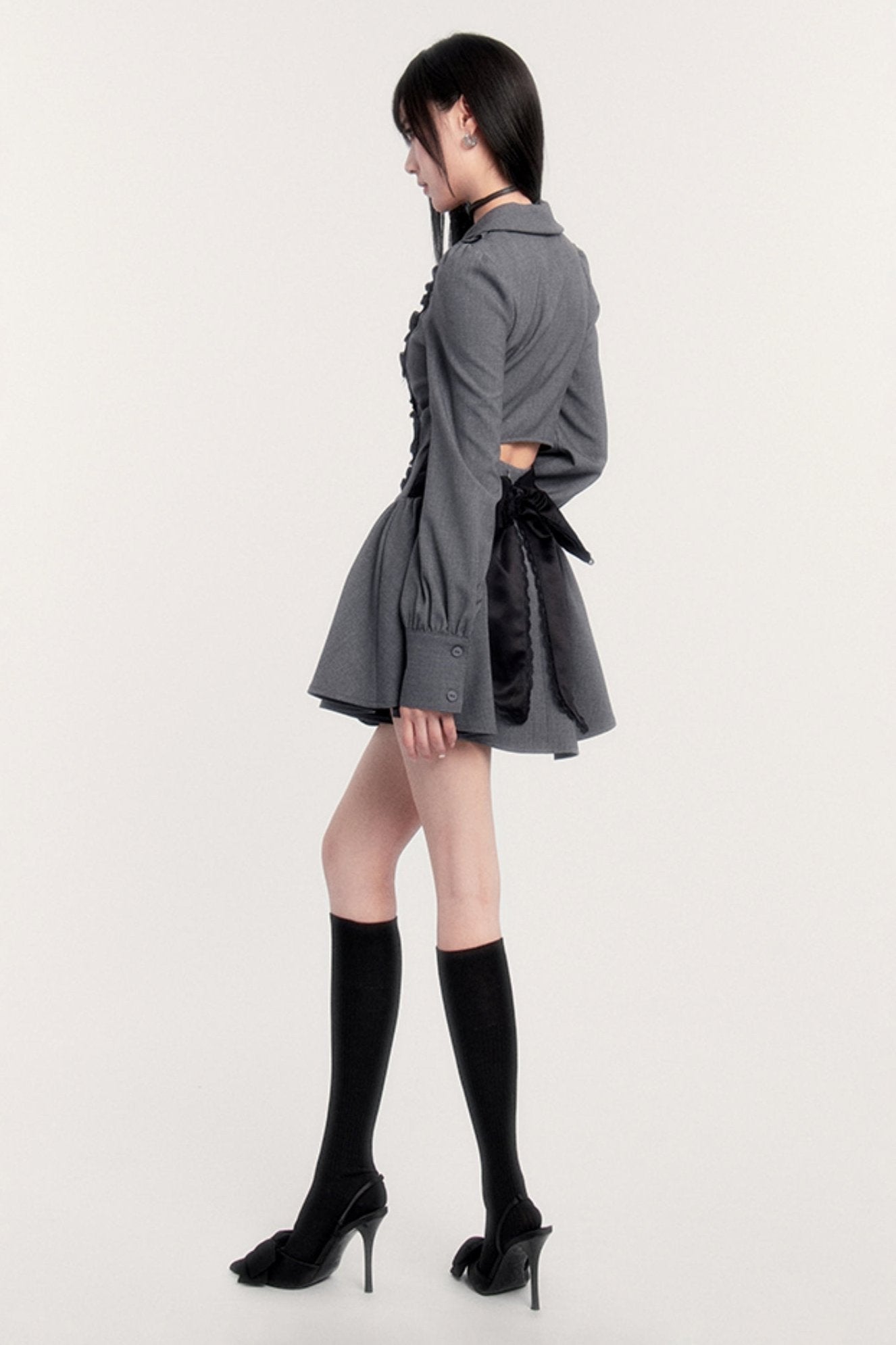 Slim Bow Long Sleeve Shirt Dress