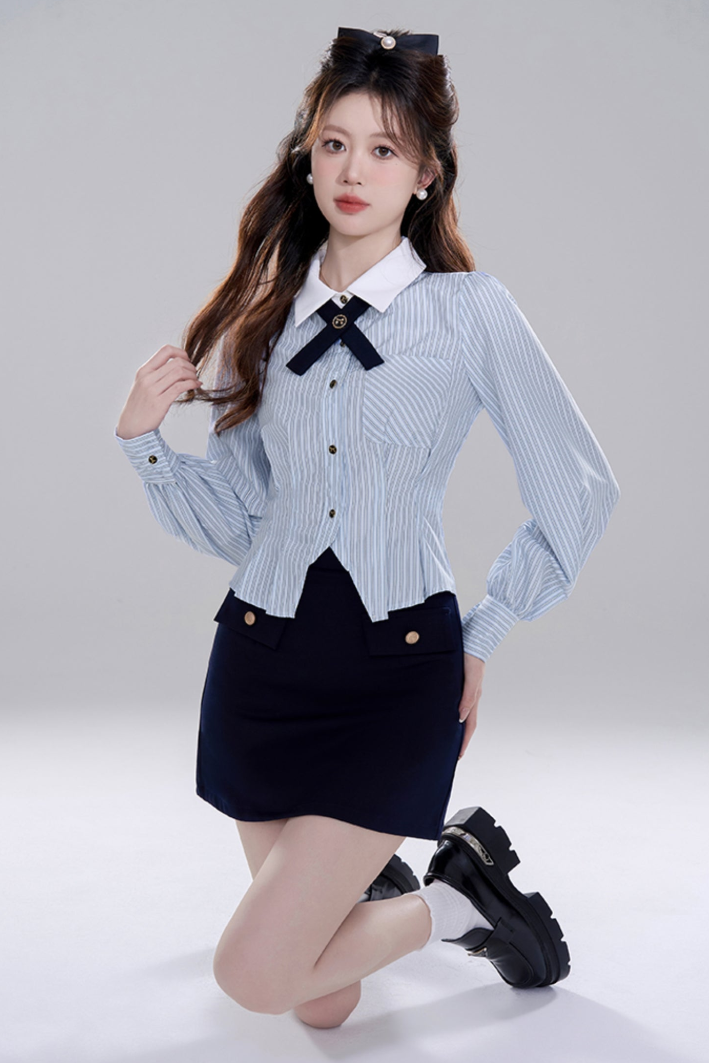 Blue Stripes Peppirong Sleeve Crop Set