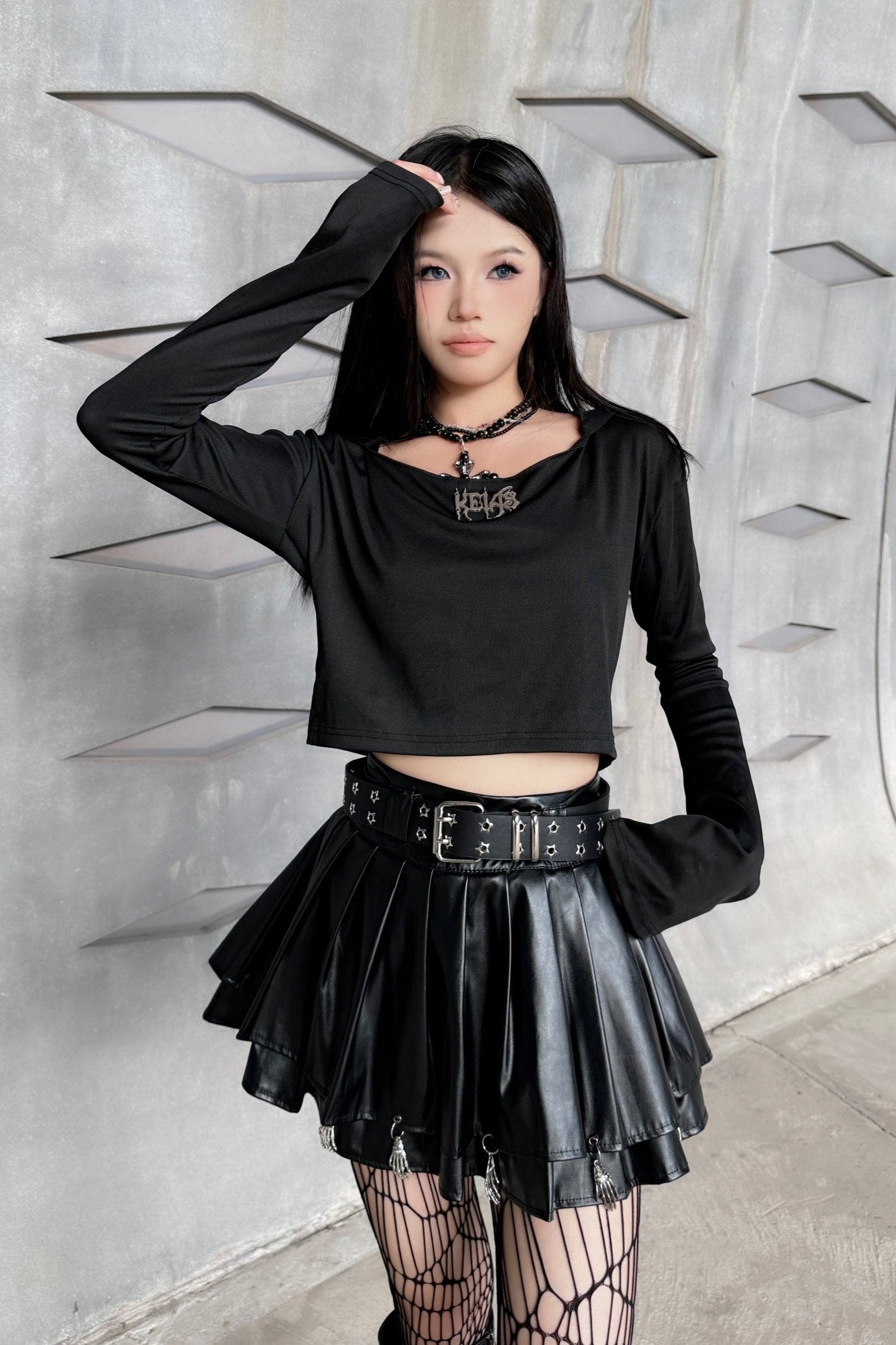 Dark Skull Leather Pleated Skirt