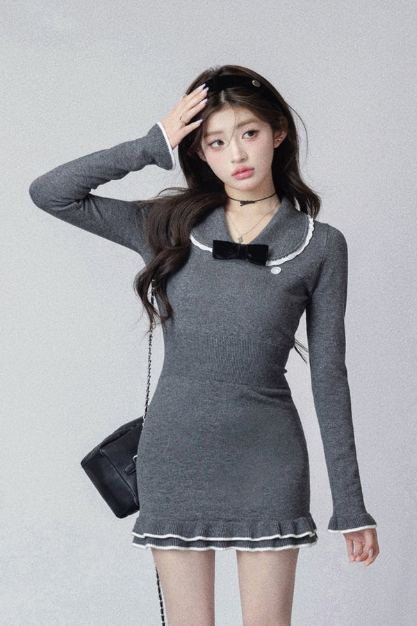 カレッジスタイルニットドールカラードレス