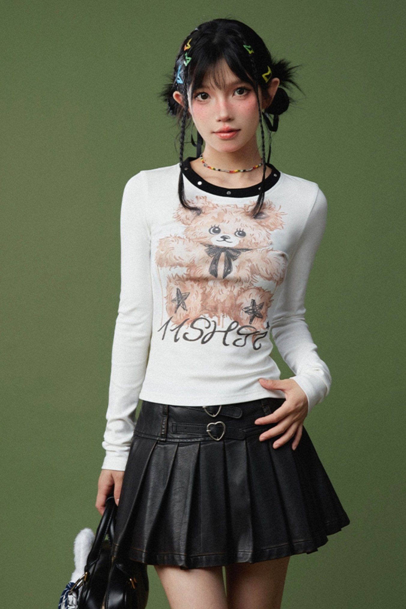 Bear Print Slim Fit Long Sleeve Top