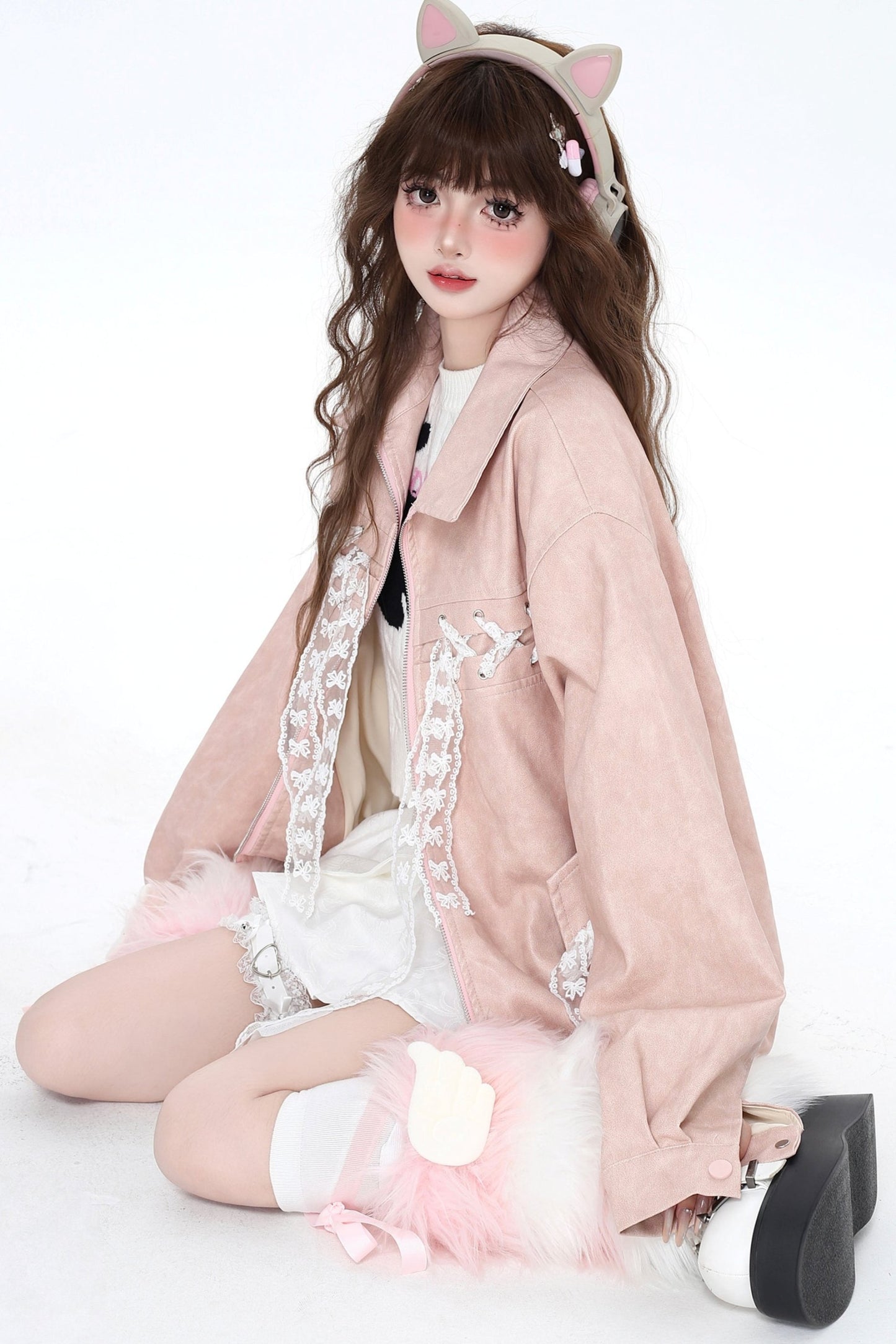 Loose Pink Bow Tie Leather Coat