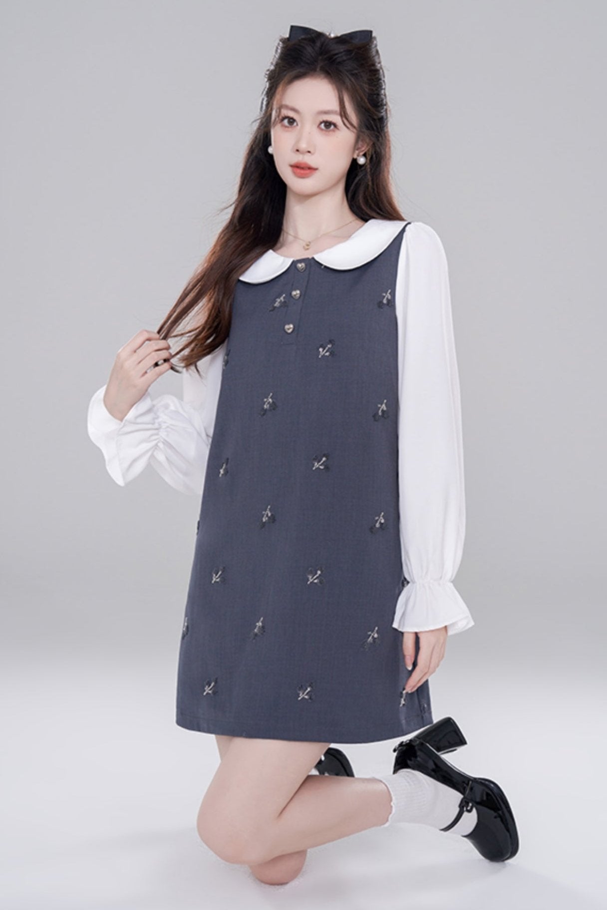 Doll Color Fake Two Piece Straight Dress