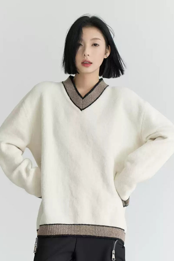 Autumn Loose Contrast V-Neck Sweater