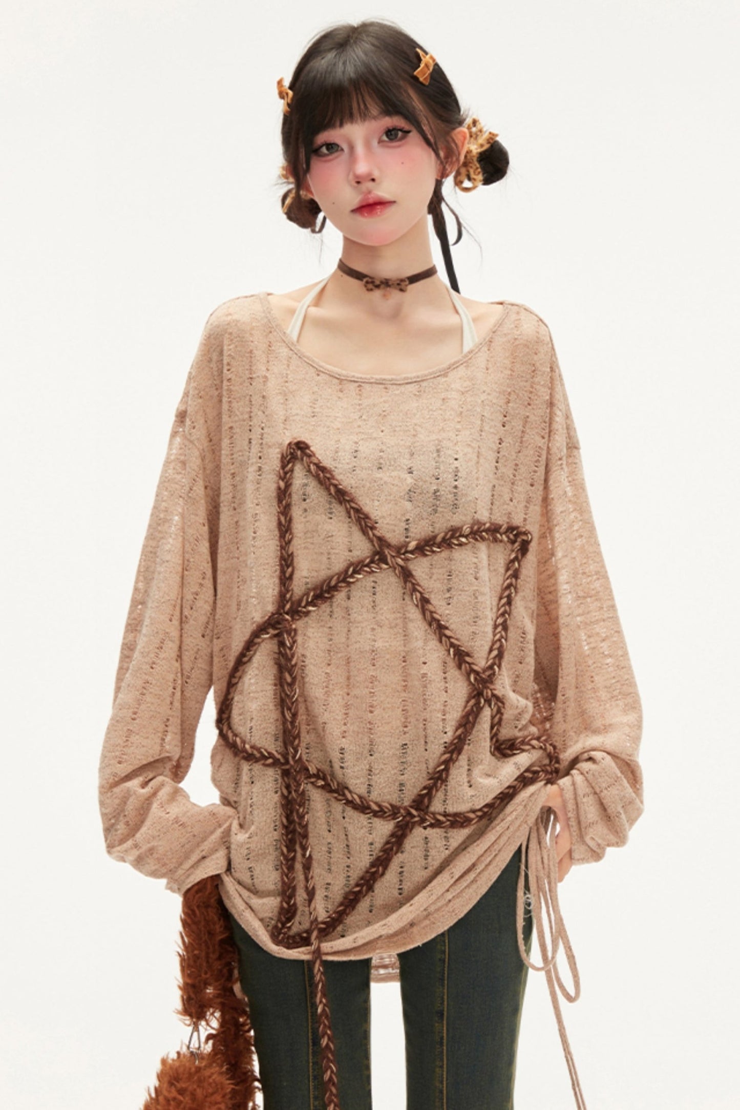 Loose Off-Shoulder Star Knit T-Shirt