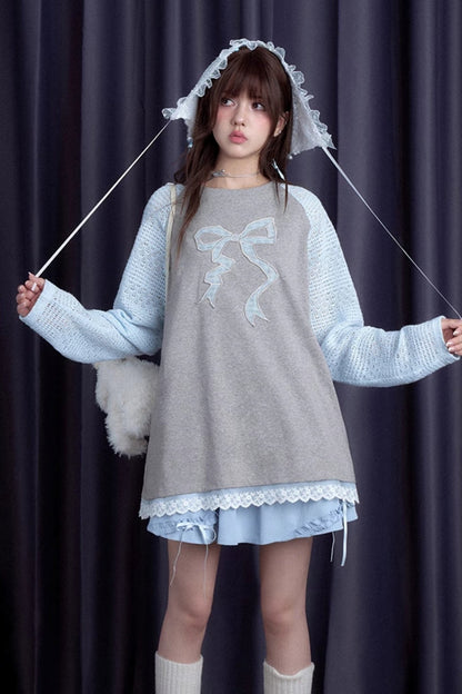 Grey Blue Bow Long Sleeve Top