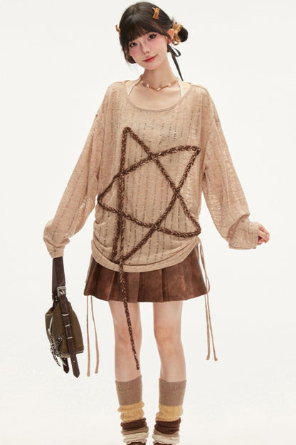 Loose Off-Shoulder Star Knit T-Shirt