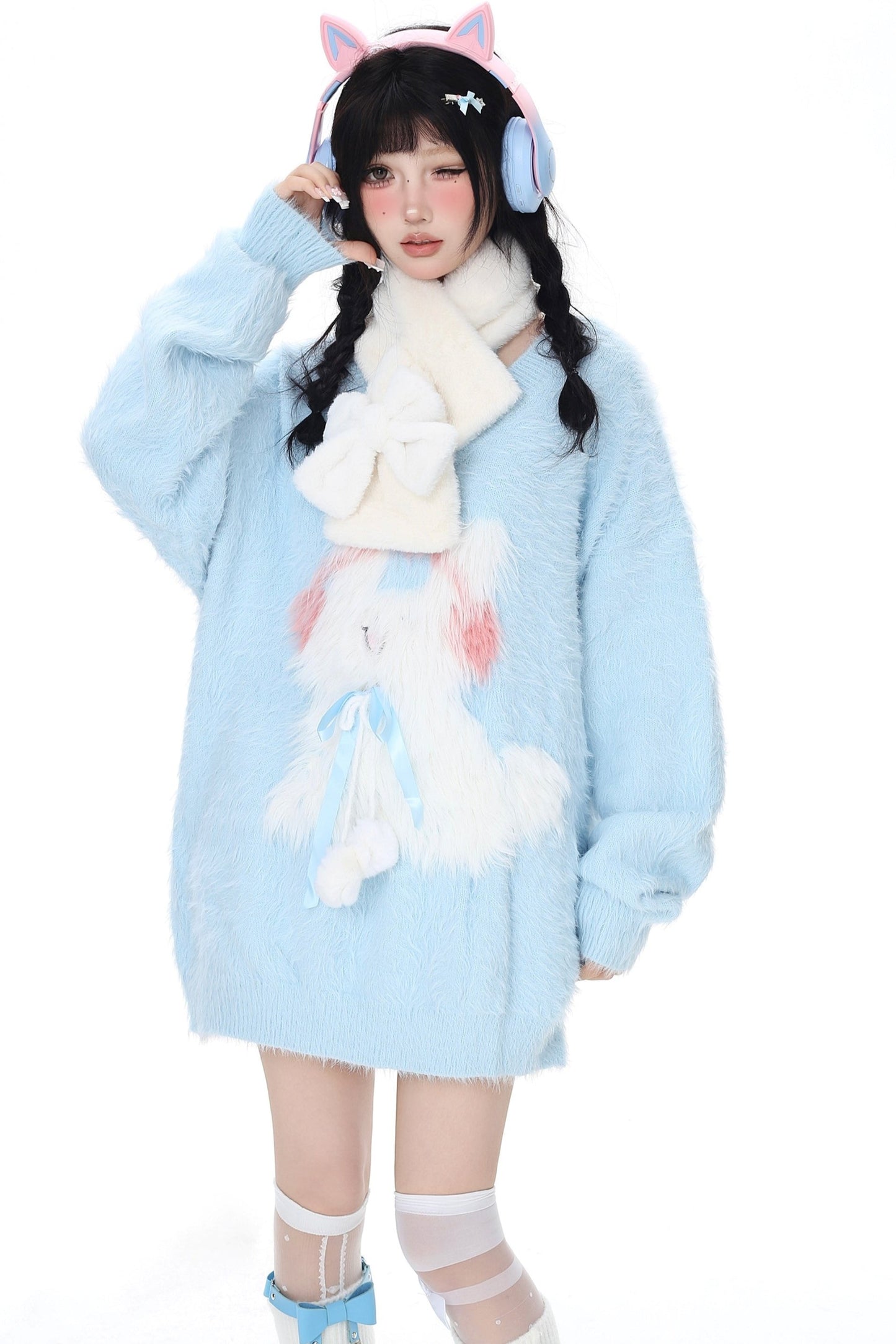 Faux Mink Bunny V Neck Fluffy Sweater