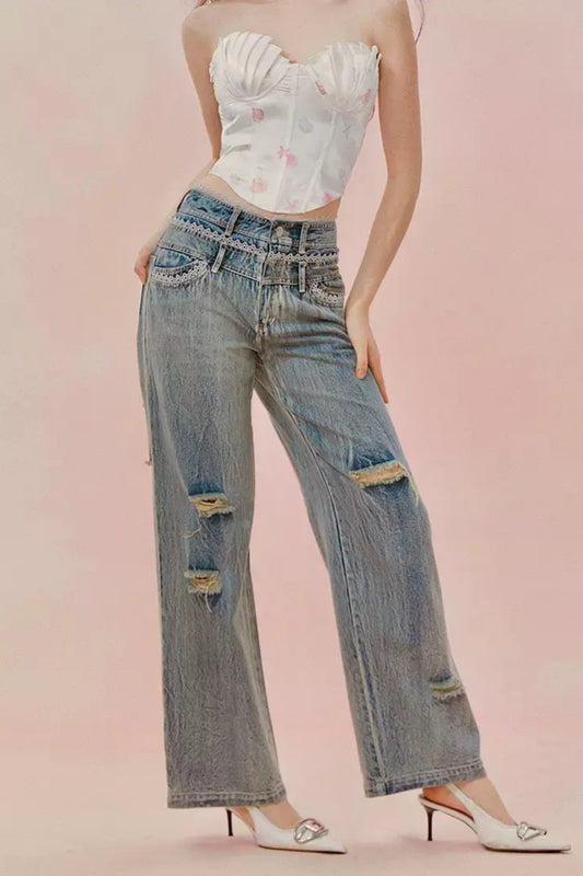 Double waist band loose lip -jeans