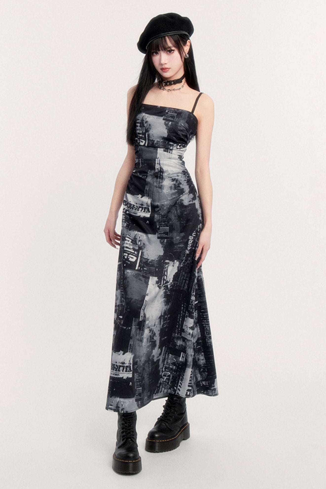 Pictorial print slim long slip dress