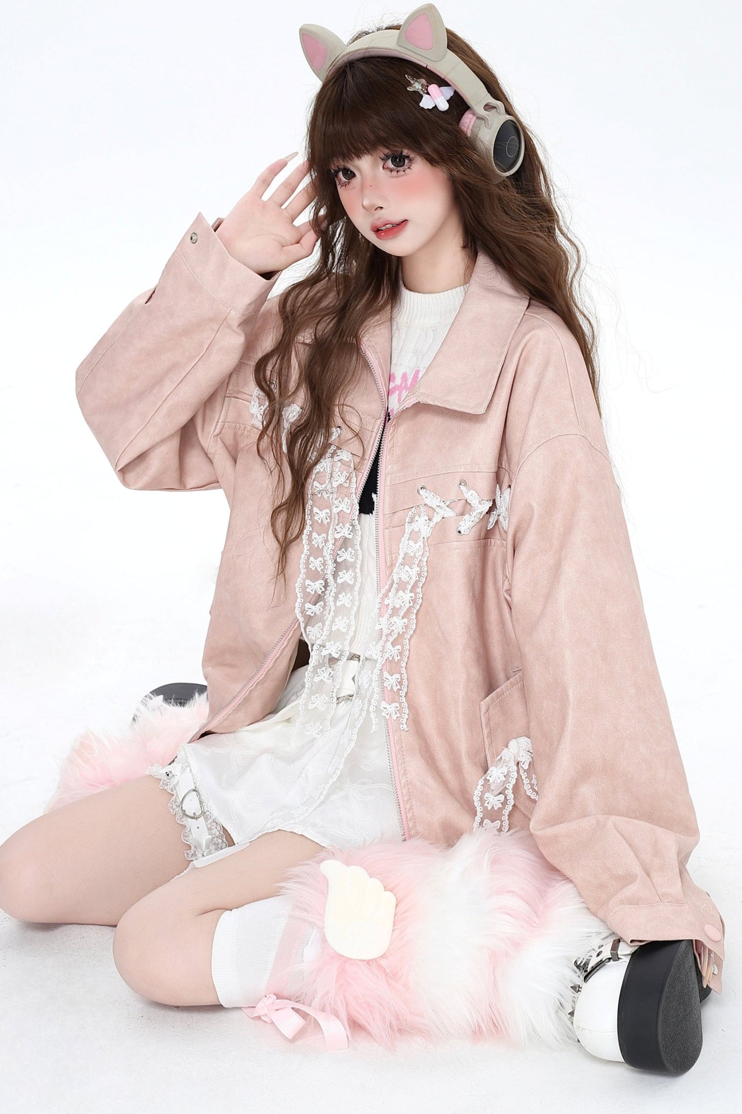 Loose Pink Bow Tie Leather Coat