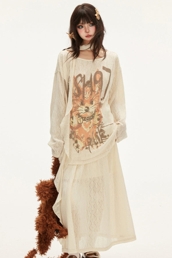 Early Autumn Puppy Loose Top Skirt Set-Up