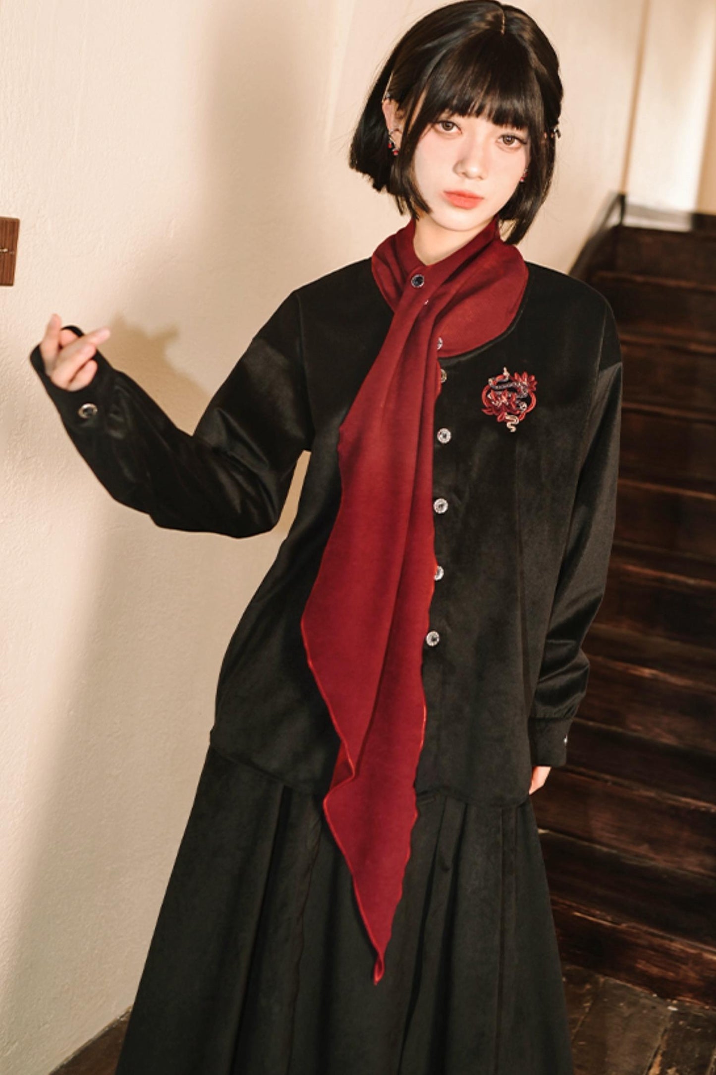 Black Embroidery High Collar Shirt