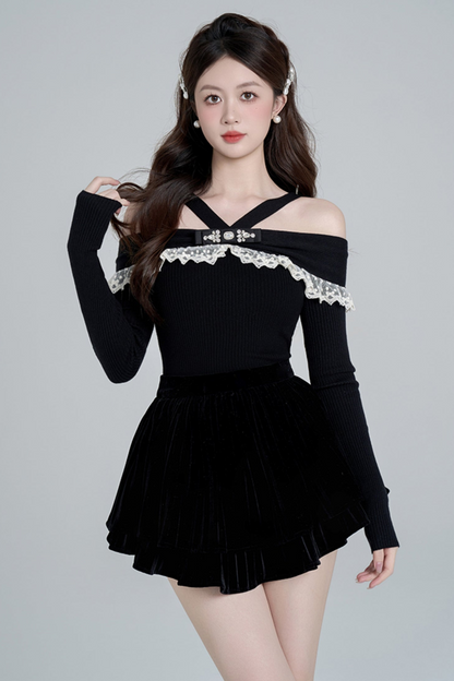 One shoulder black knit sweater