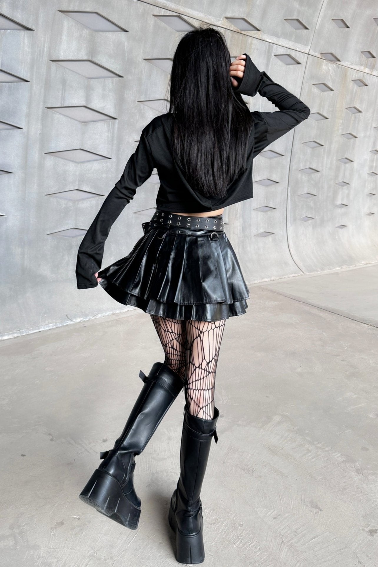 Dark Skull Leather Pleated Skirt