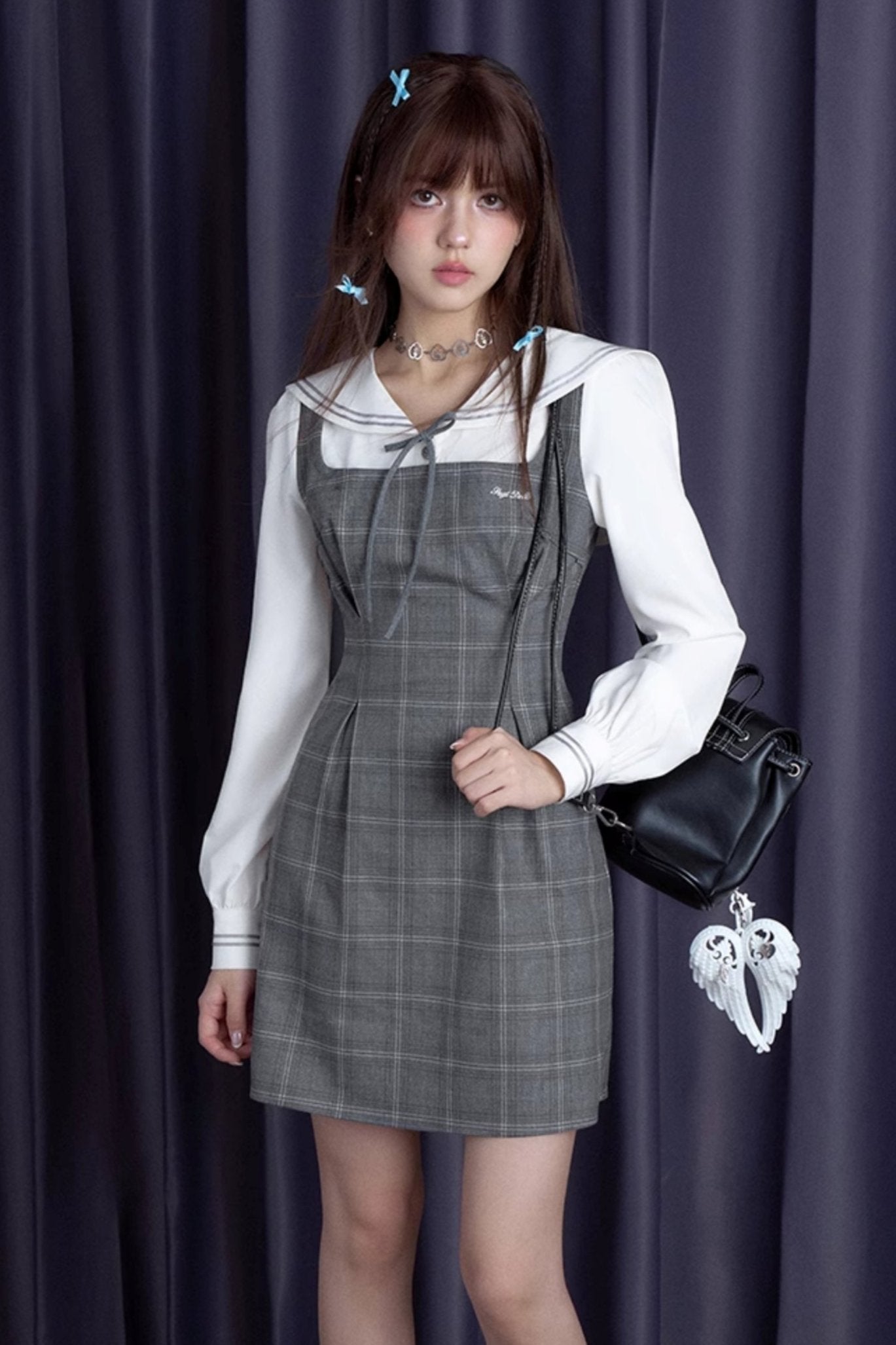 Gray Check Sailor Collar Slim Dress