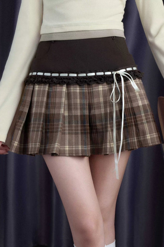 Brown Check Ribbon Pleated Skirt