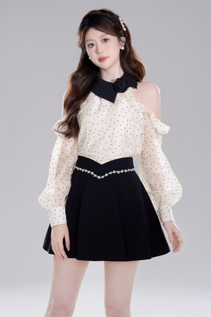 Polkadot off -shoulder chiffon top set