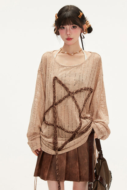 Loose Off-Shoulder Star Knit T-Shirt