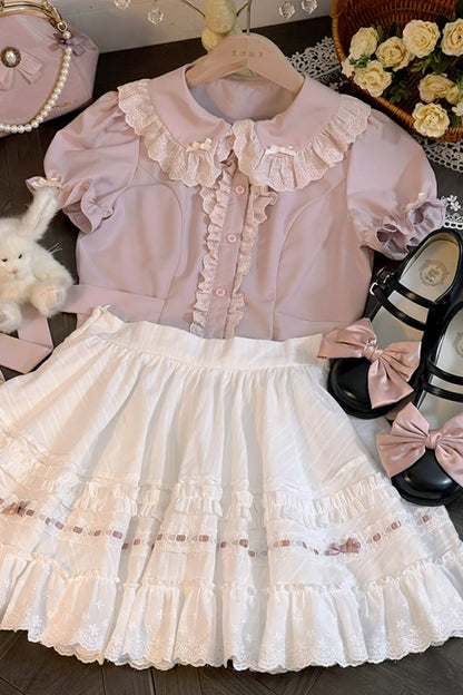 Pink puff sleeve top cake skirt setup