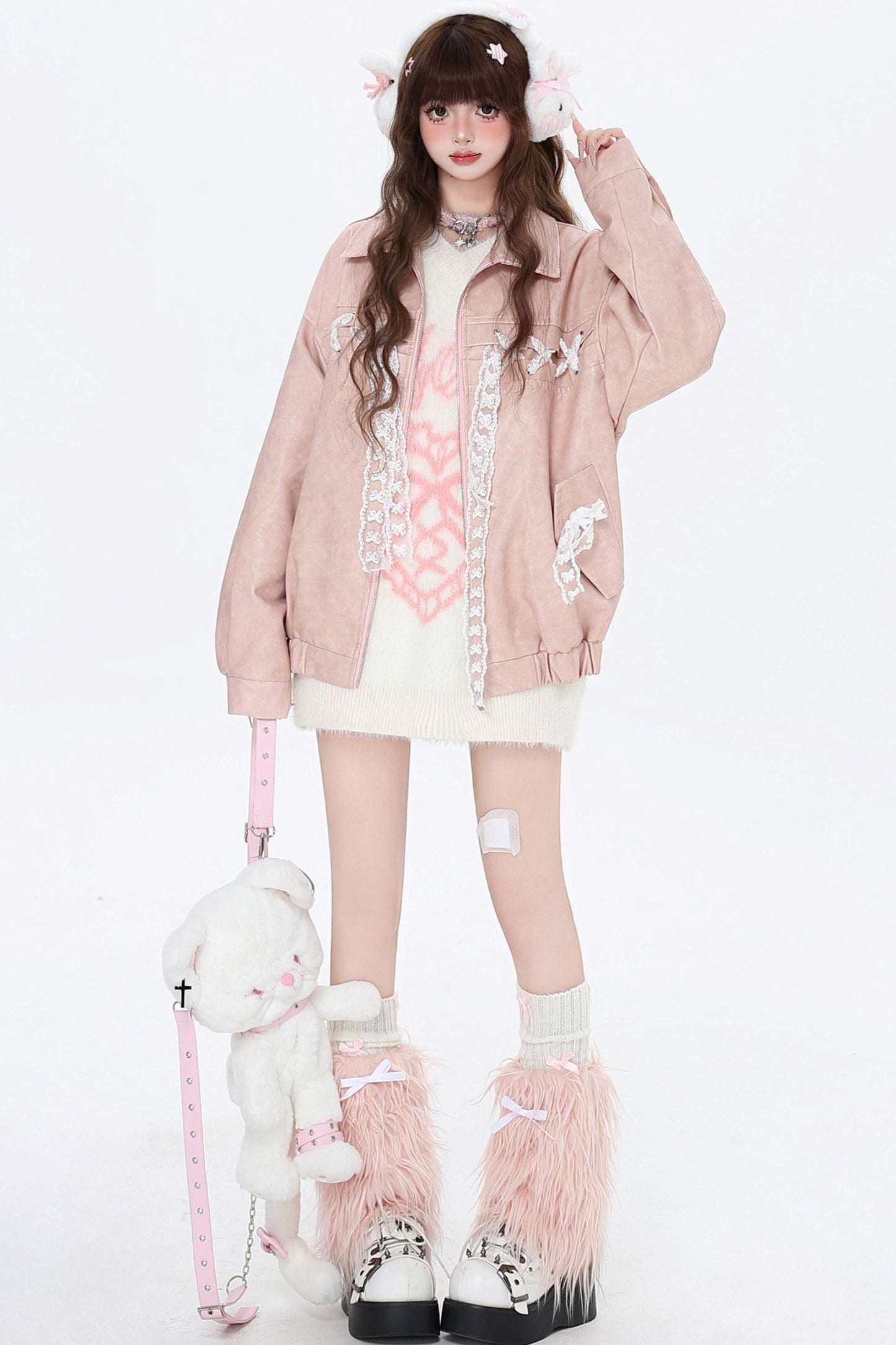 Loose Pink Bow Tie Leather Coat